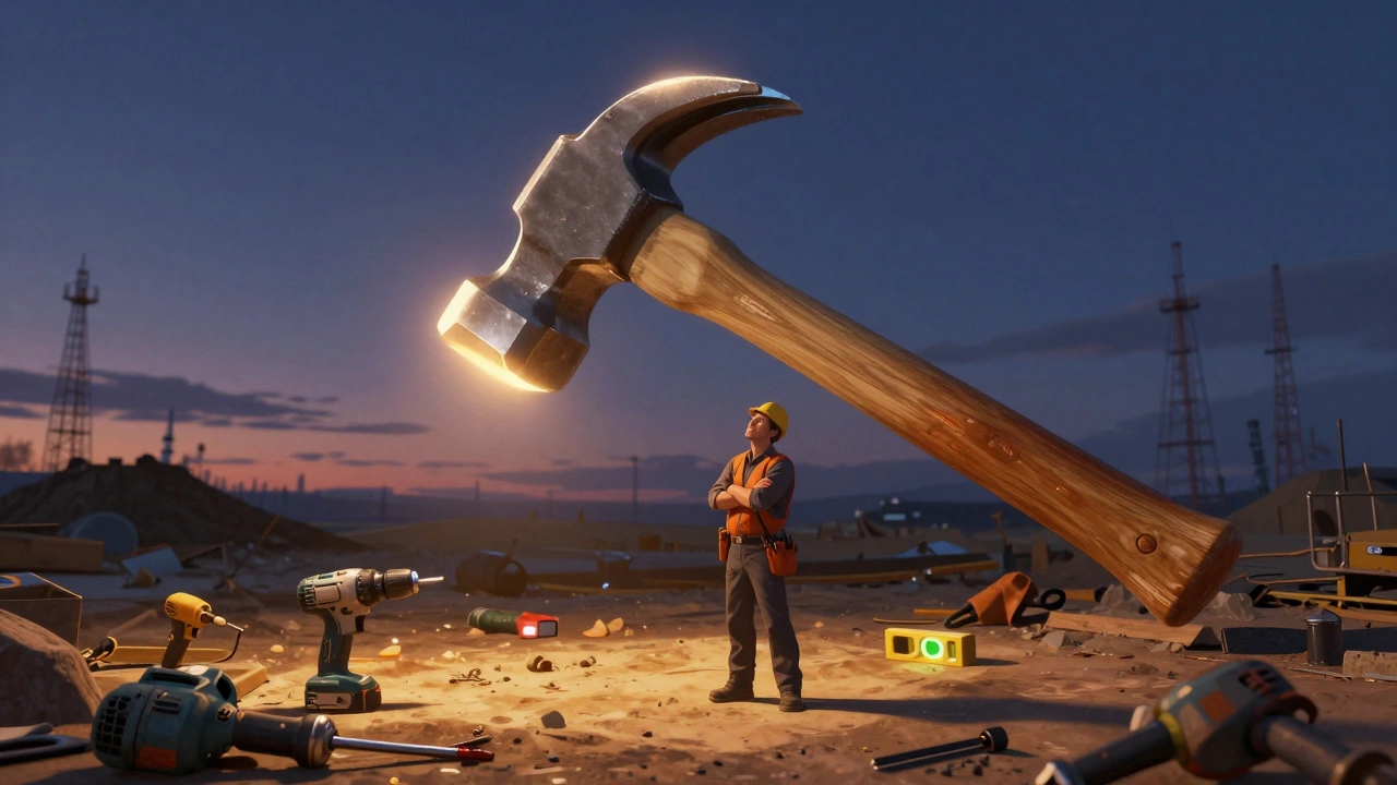 Гигантский молоток над стройкой, современные инструменты лежат без дела.