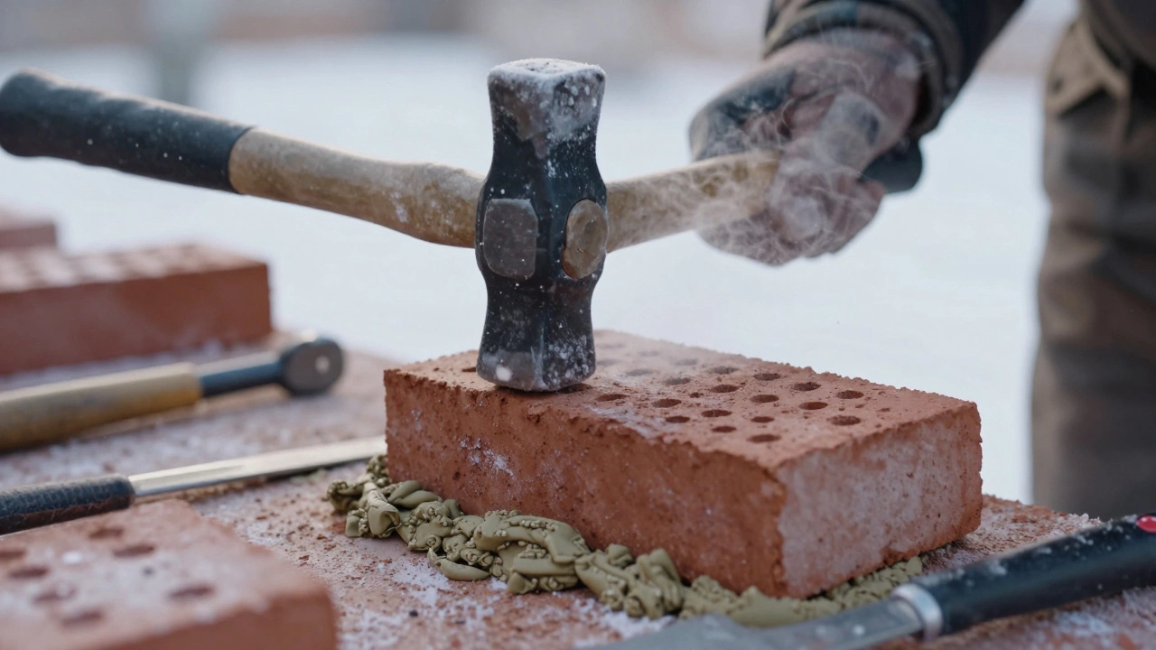 Каменщик использует специальный молоток с зубцом для кладки кирпича на морозе.
