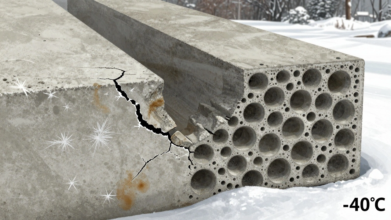 Микроскопическое сечение бетона: поры от избытка воды против плотной кристаллической структуры.