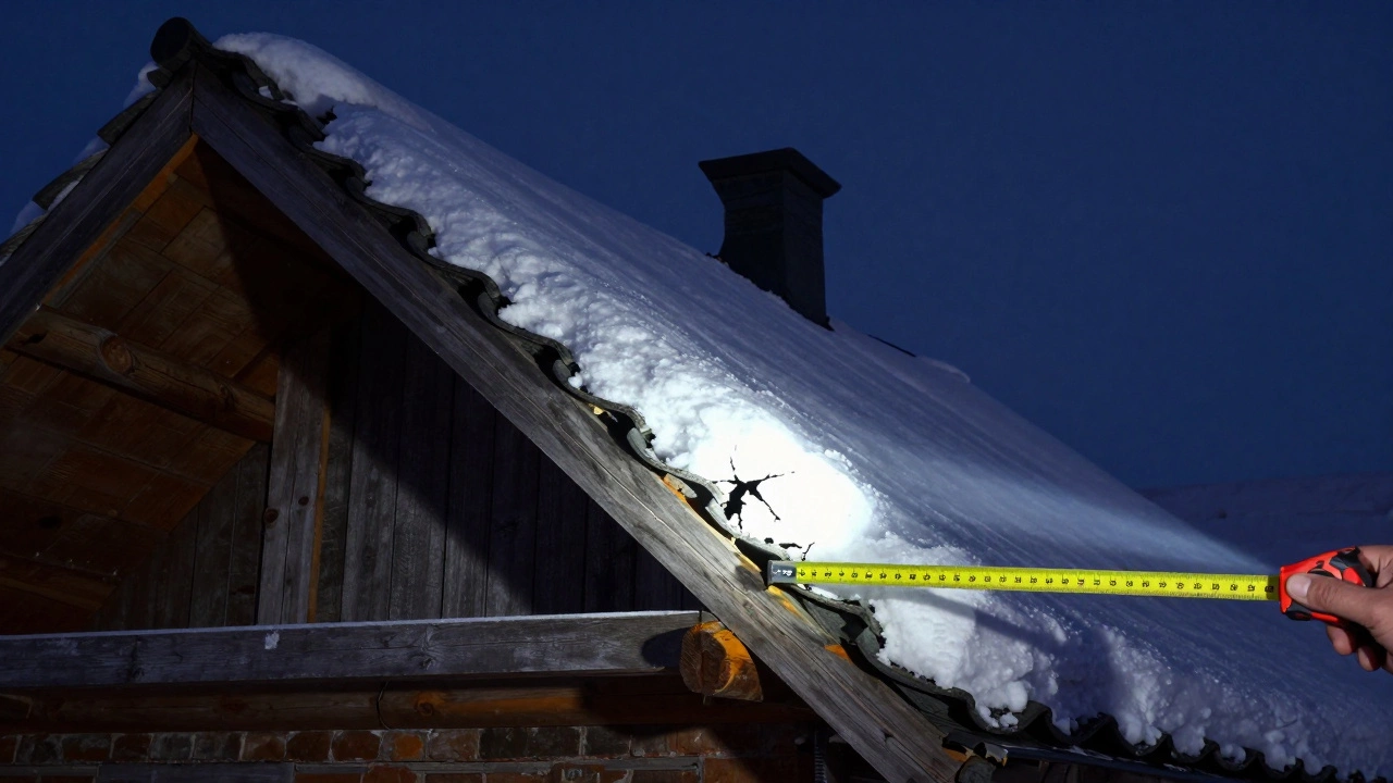 Поврежденная крыша с изогнутым стропилом и шагом 120 см, освещенная фонариком, видны трещины и снег.