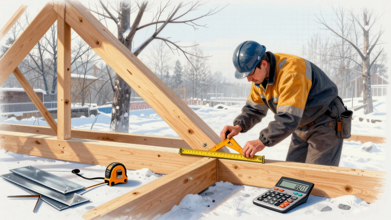 Рабочий измеряет угол наклона стропильной системы на стройке в Новосибирске, на заднем плане — кровельные материалы.