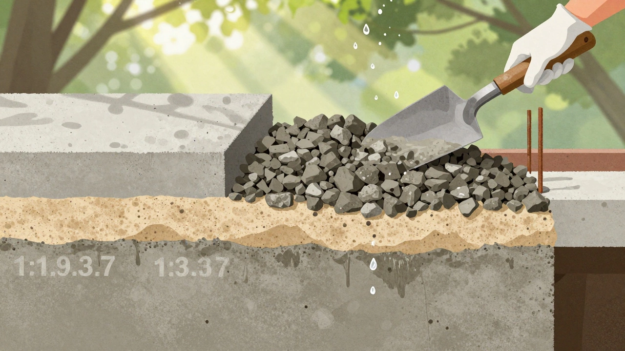 Разрез бетонной смеси с четкими слоями цемента, песка и щебня, рабочий проверяет консистенцию лопатой.