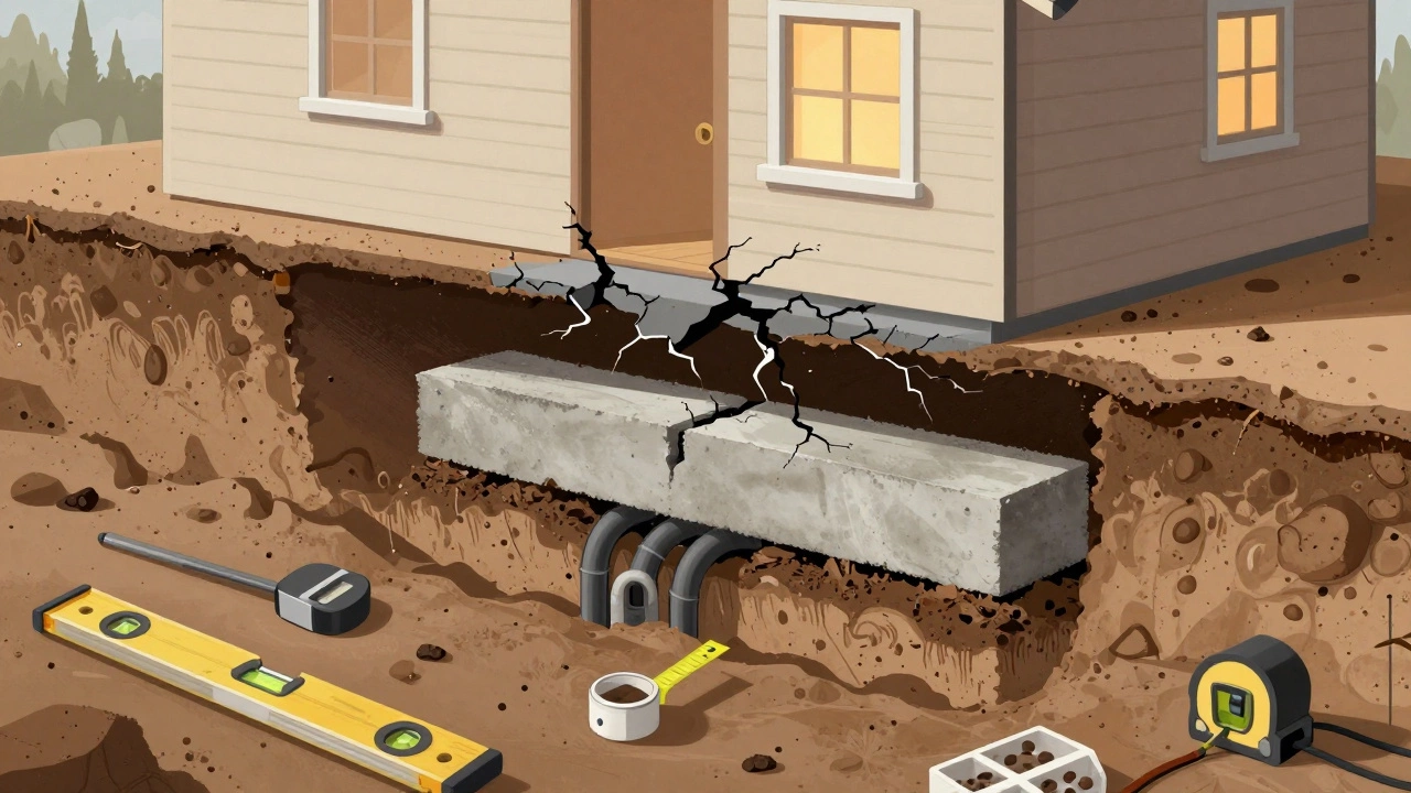 Разрез фундамента с слоями грунта, утепления и дренажа под домом в Сибири.