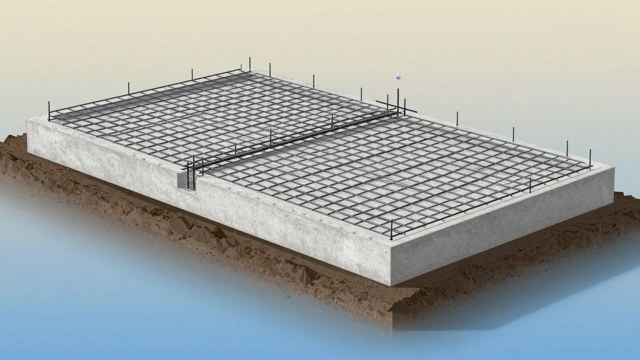 Разрез плитного фундамента с двойной сеткой арматуры и вертикальными связями на пучинистом грунте.