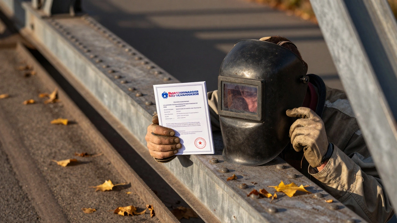 Руки сварщика с удостоверением и защитной маской на старом мосту, осенние листья вокруг, отражение в металле.