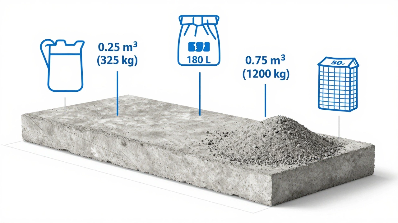 Схема пропорций 1:3 для стяжки: 325 кг цемента и 1200 кг песка на 1 кубометр с элементами воды и арматуры.