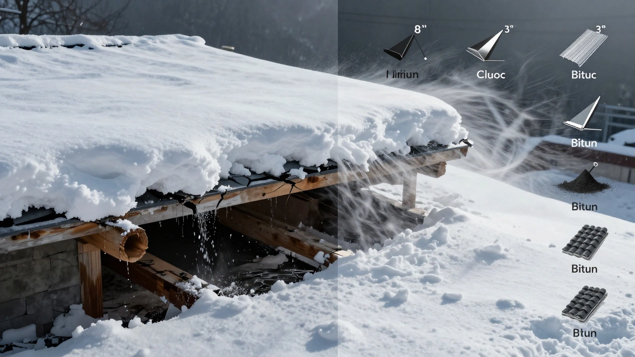 Сравнение плоской и правильно наклонной крыши: слева — разрушение под снегом, справа — чистый сход снега.