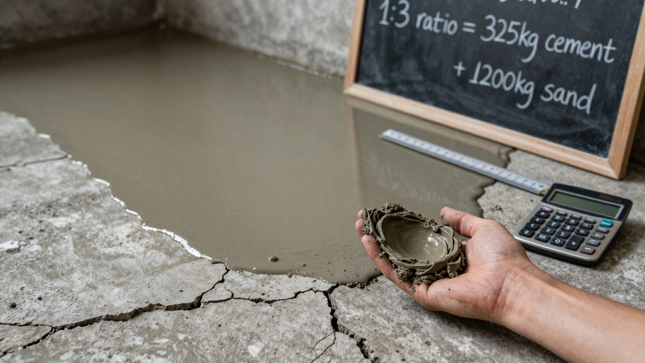 Сравнение треснувшей и идеальной стяжки пола с образцом правильной консистенции раствора.