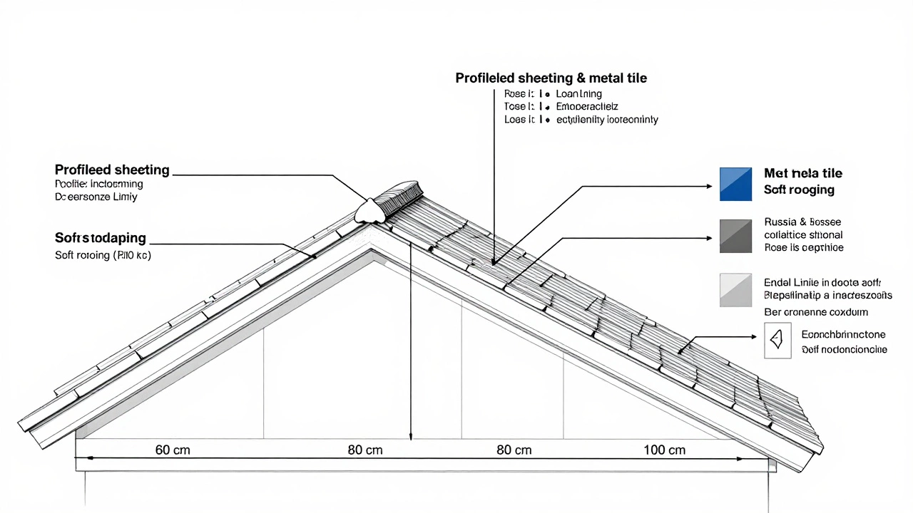 Технический чертеж с разными шагами стропил и соответствующими кровельными материалами для российских регионов.