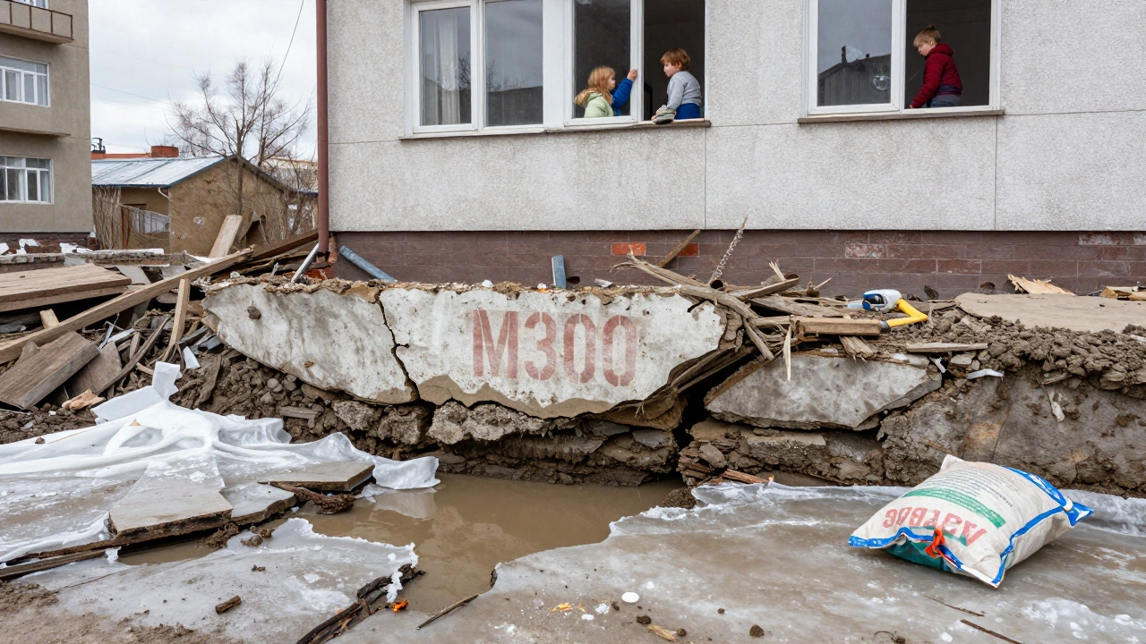 Трещины в фундаменте дома в Новосибирске во время оттепели, вода просачивается сквозь бетон.