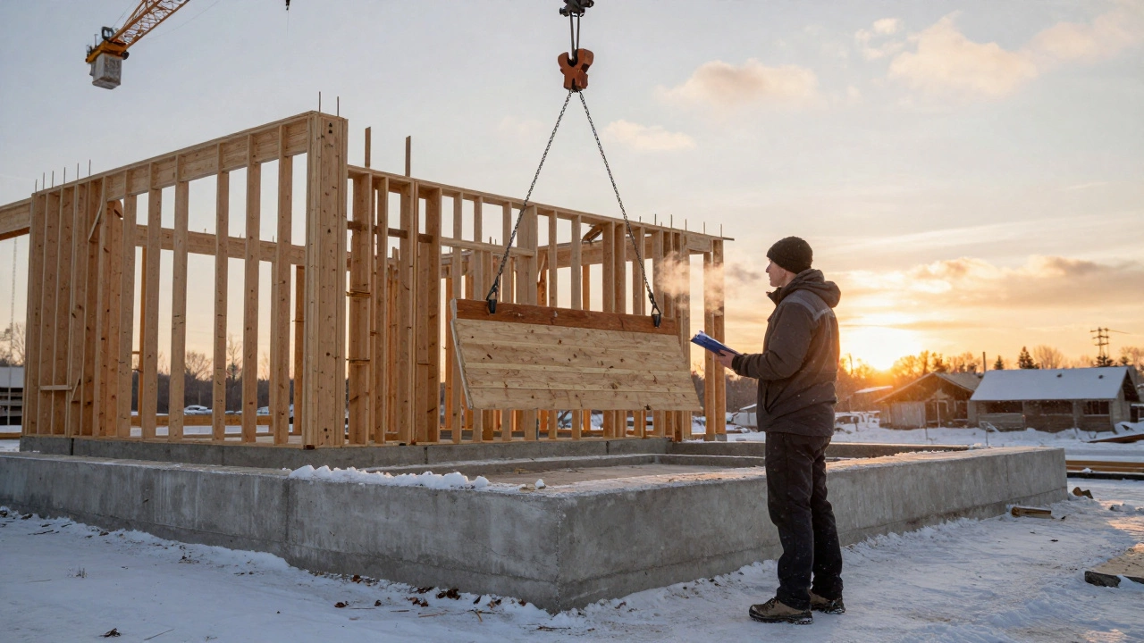 Владелец дома стоит у только что залитого фундамента на закате в снежной Сибири.
