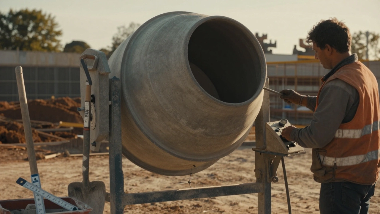 Барабанная бетономешалка на стройке, рабочий проверяет раствор