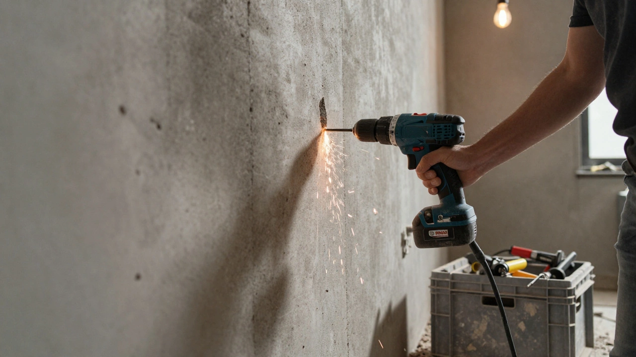 Человек сверлит бетонную стену перфоратором, рядом строительный пылесос, видны искры и пыль в воздухе, инструменты лежат на пластиковом ящике.