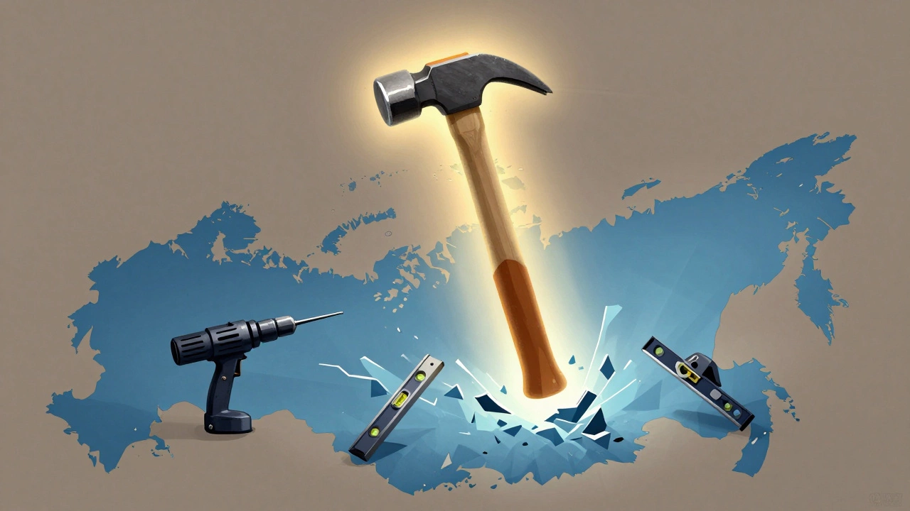Гигантский молоток светится над картой России, а другие инструменты заморожены и сломаны вокруг.