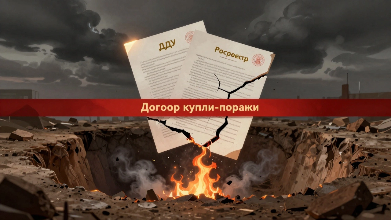 Горящий договор над ямой, а над ним — светящиеся документы ДДУ и Росреестра.