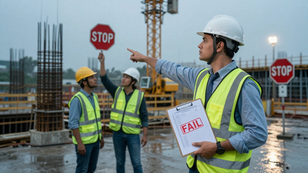 Инженер по качеству останавливает строительные работы, указывая на недопустимый бетонный фундамент на дождливой стройке.