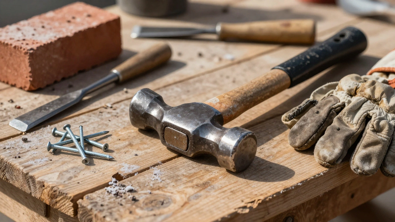 Классический молоток с клювом лежит на деревянной стойке рядом с гвоздями и кирпичом.