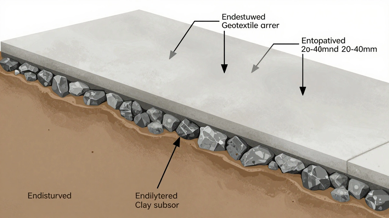 Поперечный разрез фундамента: слои грунта, геотекстиля, щебня и бетона с указанием направления дренажа воды.