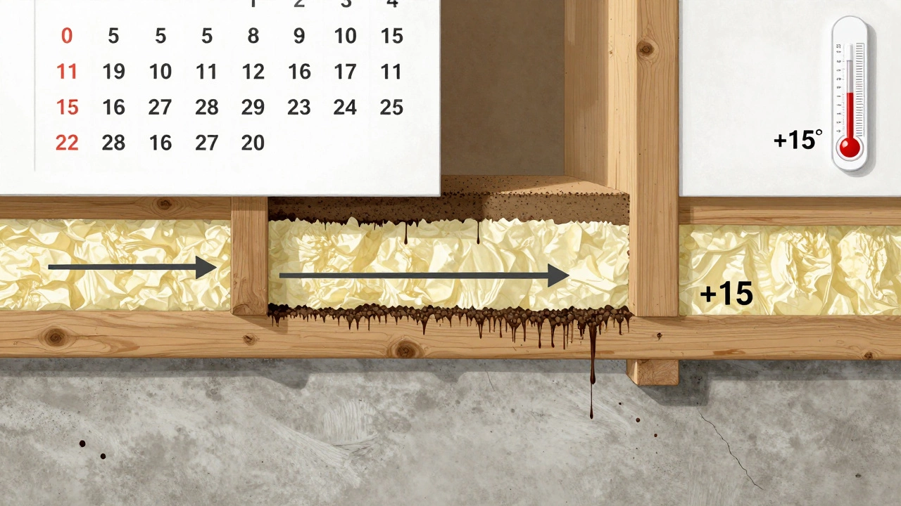 Разрез дома с указанием движения влаги через бетон, дерево и утеплитель, календарь с месяцами.