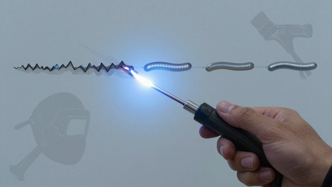 Рука с электродом, с прозрачным объяснением процесса сварки и прогрессом швов от первого до пятого.