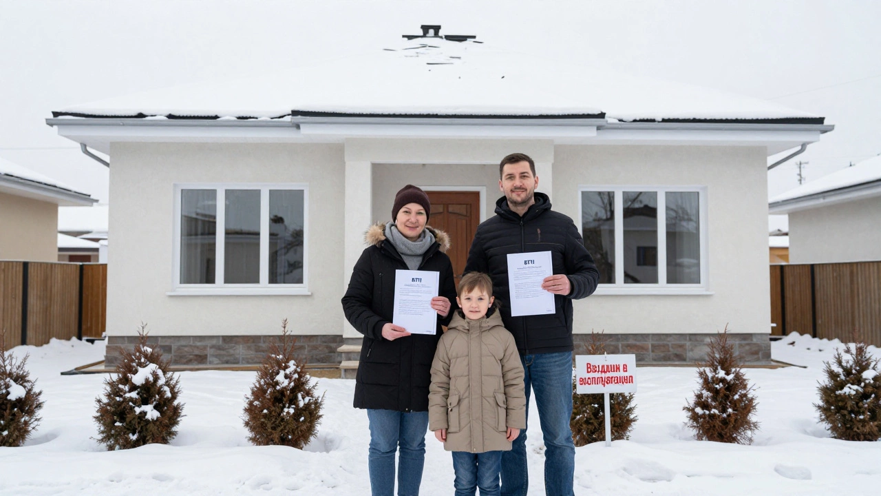 Семья получает документы на ввод дома в эксплуатацию в Новосибирске, дом с утеплённым фасадом и тройными окнами.