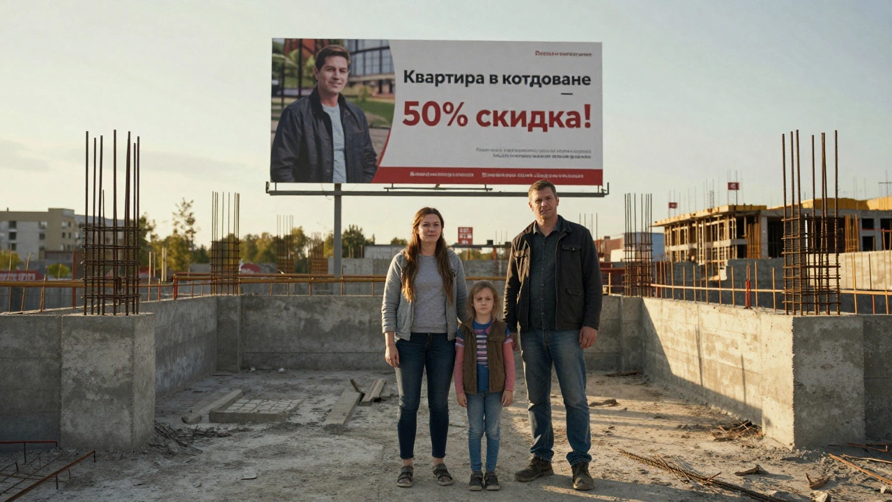 Семья смотрит на залитый фундамент, позади — реклама квартиры в котловане с большой скидкой.