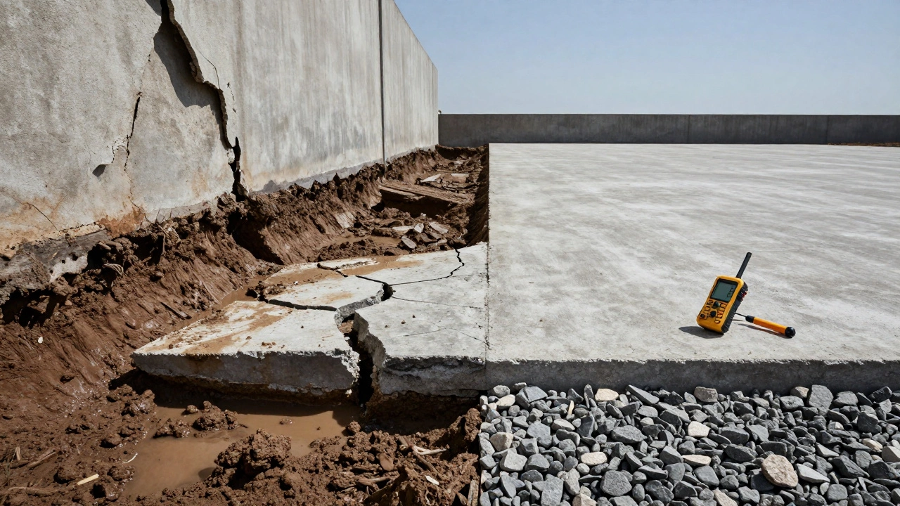 Сравнение: слева — треснувший фундамент на мокрой глине, справа — прочный фундамент на щебне с геотекстилем.