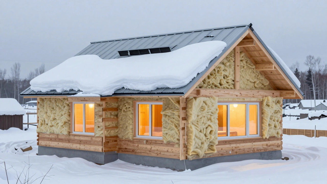 Структура крыши дома в Сибири: кровля, утеплитель, пароизоляция, вентиляционный зазор — на фоне снежных сугробов.