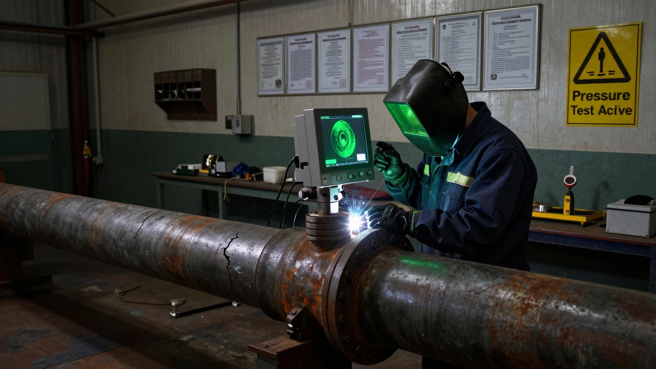 Сварщик-дефектоскопист проверяет трубопровод с помощью ультразвукового и рентгеновского оборудования в мастерской.