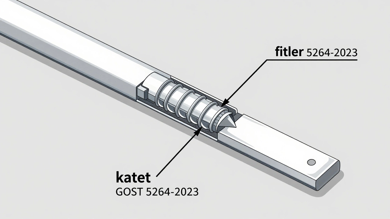 Технический чертёж поперечного сечения углового сварного шва с обозначением катета по ГОСТ 5264-2023.