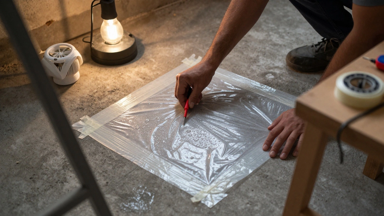 Тест на влажность бетона: пленка с конденсатом на полу, рядом — влажностомер и вентиляционный клапан.