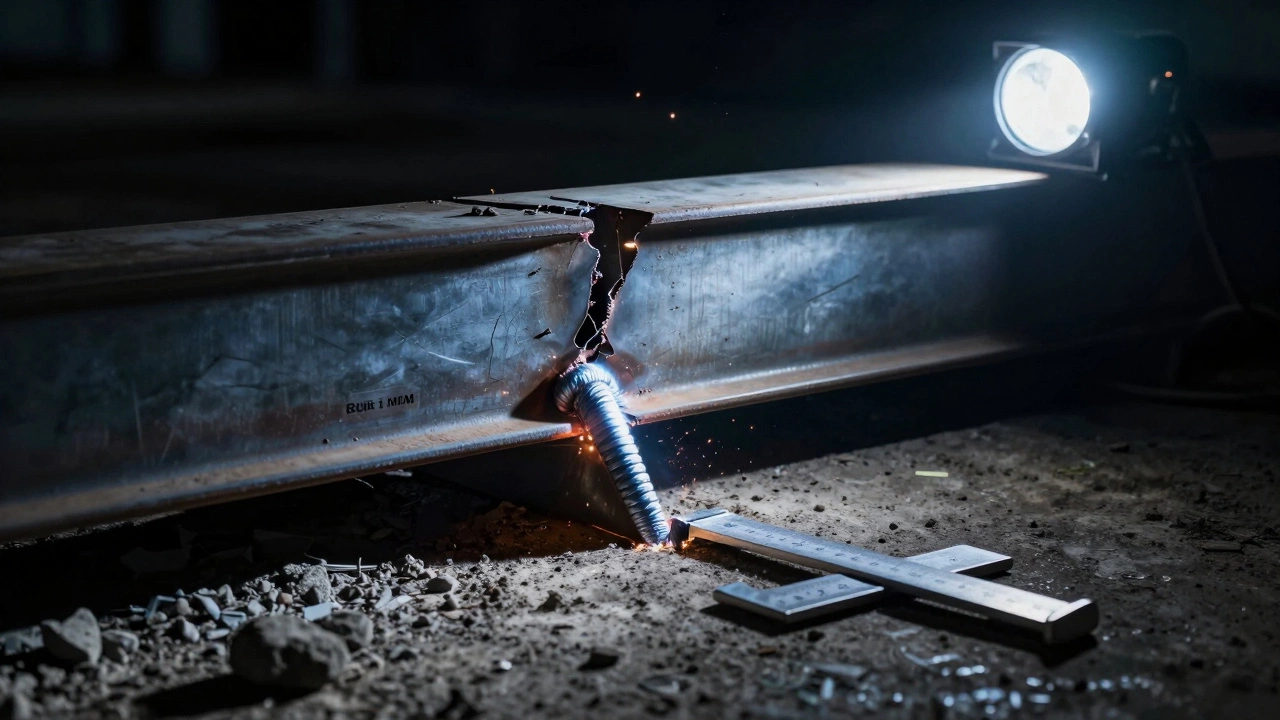 Трещина в опорной конструкции из-за чрезмерного катета сварного шва, видны следы перегрева и разрушения.