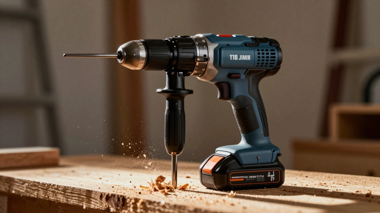 Беспроводной шуруповерт в работе сверлит деревянную поверхность