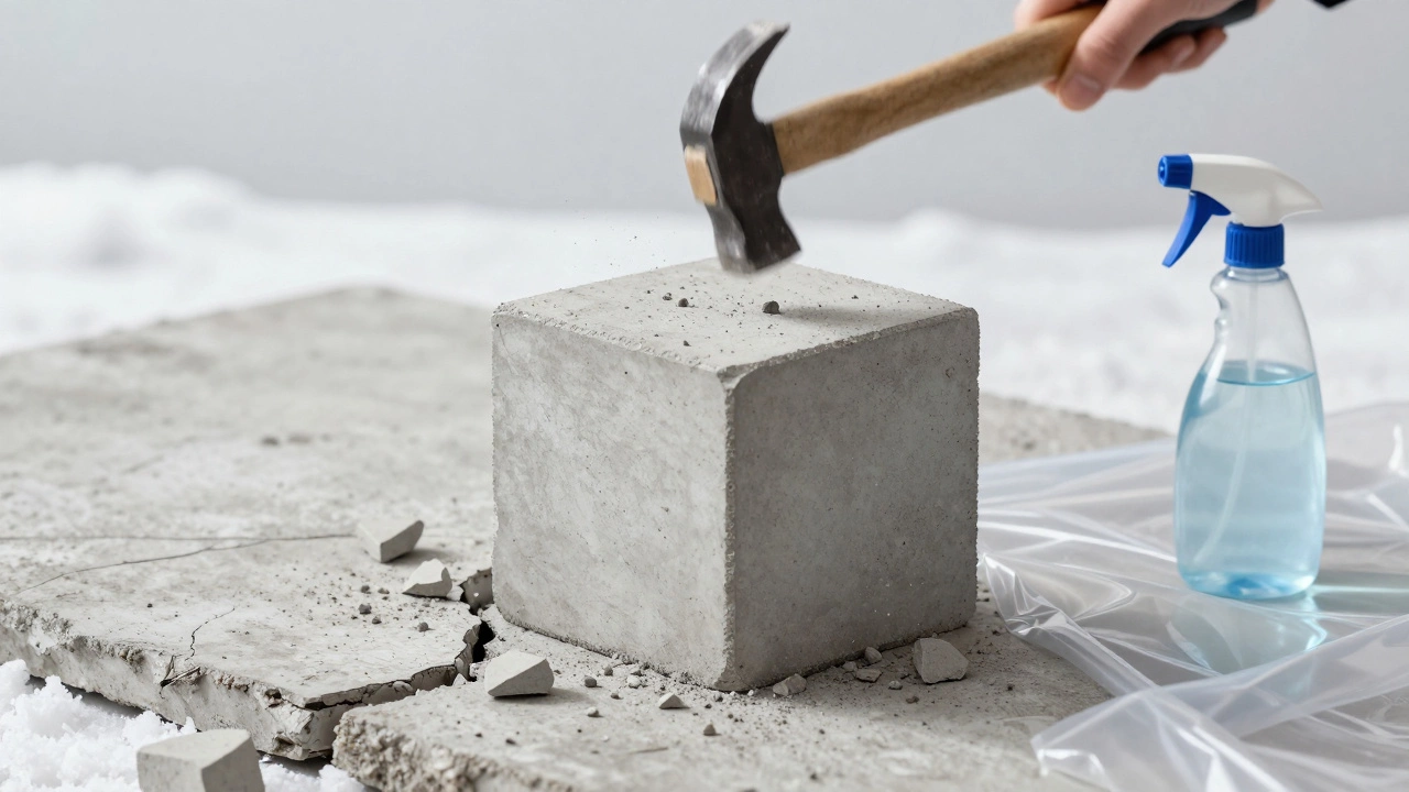 Бетонный кубик выдерживает удар молотком, рядом — треснувшая плита.