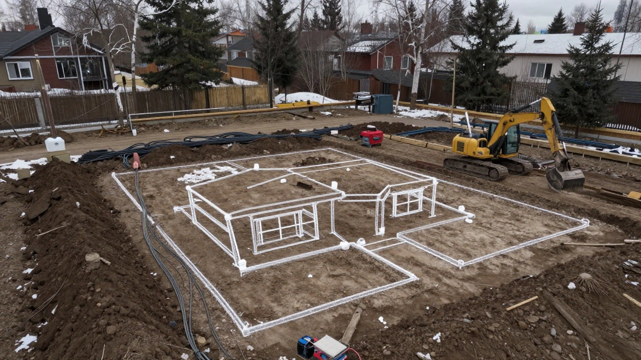 Четко размеченный контур будущего дома на очищенном участке в Новосибирске с отложенным плодородным слоем и временными коммуникациями.