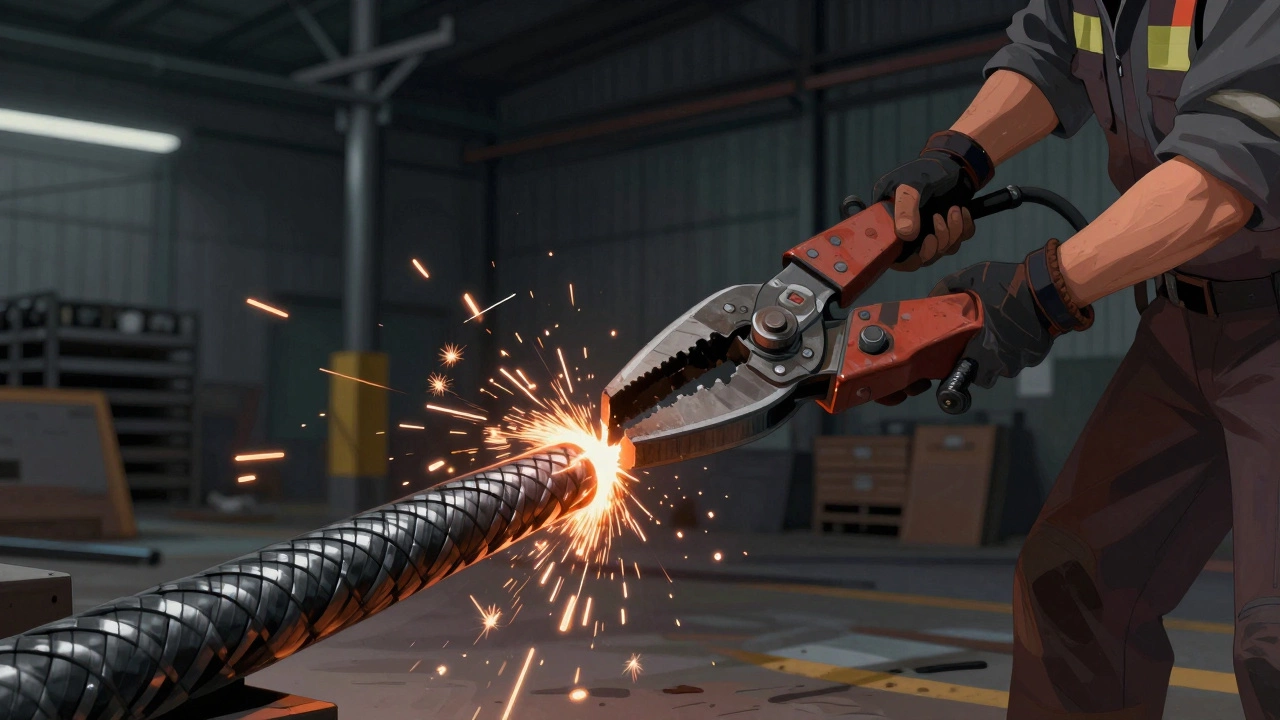 Гидравлический резак разрезает бронированный силовой кабель в промышленной среде.