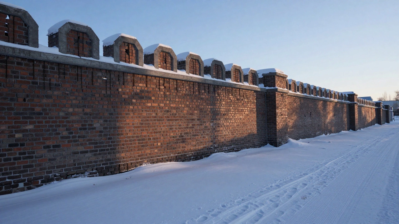 Кирпичный забор с армированным основанием стоит неподвижно под тяжелым снегом, символизируя стабильность.