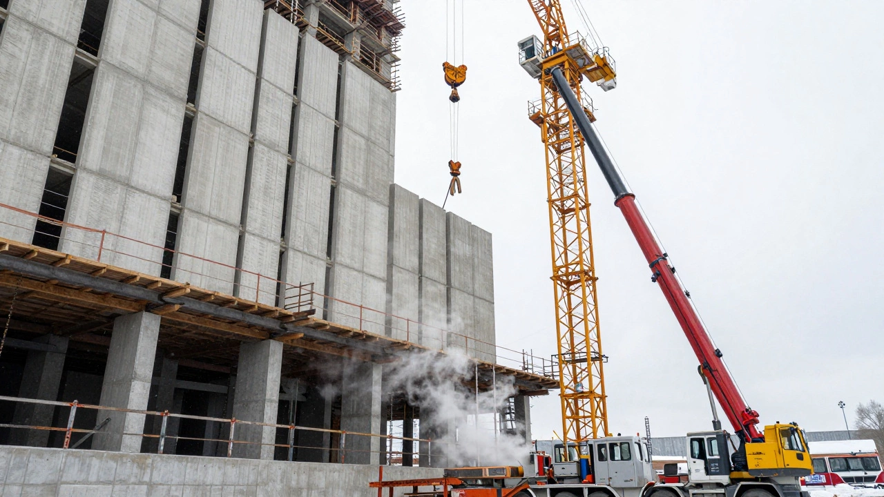 Кран поднимает бетонные панели на высотное здание в Новосибирске.