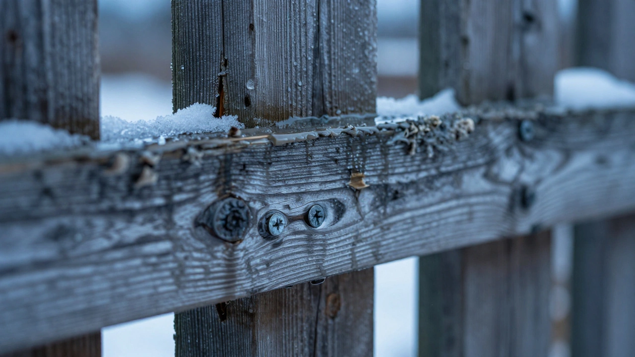 Крупный план обработанной древесины на фоне зимнего снега и влаги