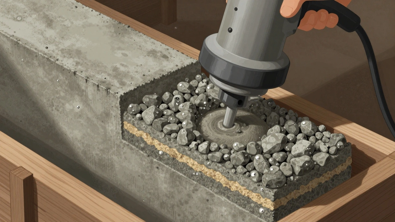 Поперечный срез бетона во время вибрации, воздух выходит, заполнители уплотняются.