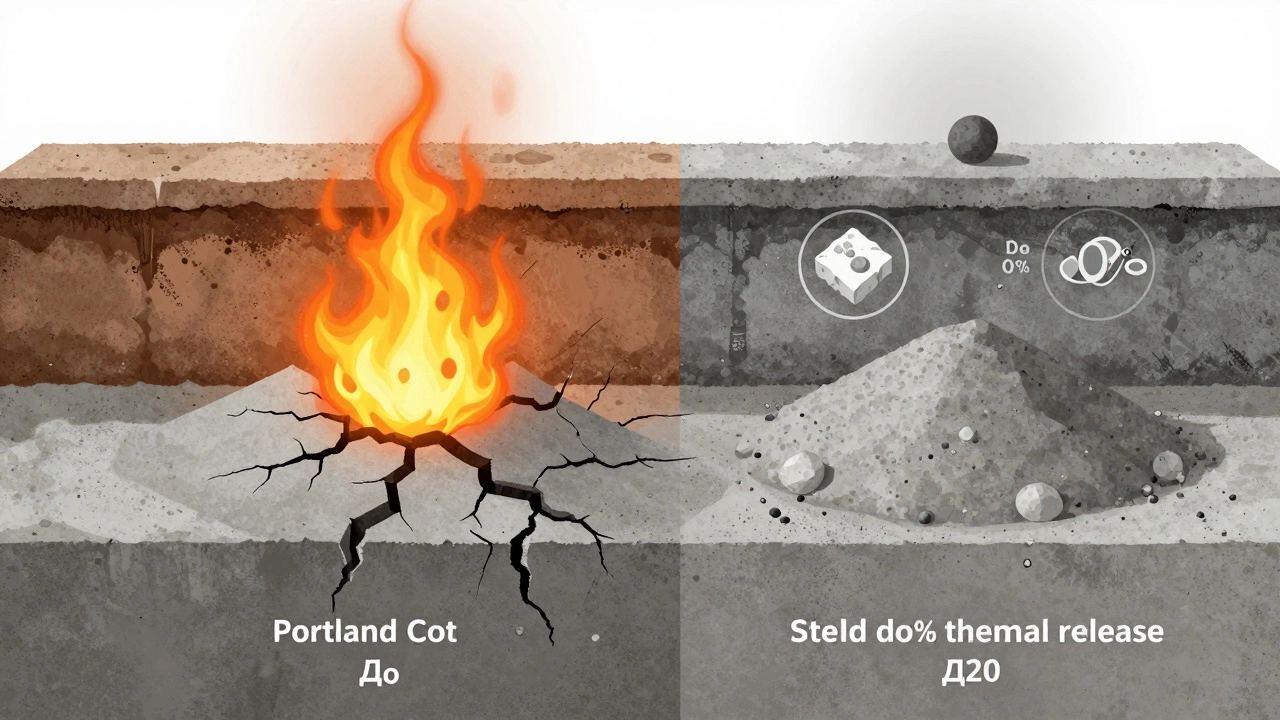 Разрез фундамента: слева — перегрев и трещины от чистого цемента, справа — плавное твердение с добавками.