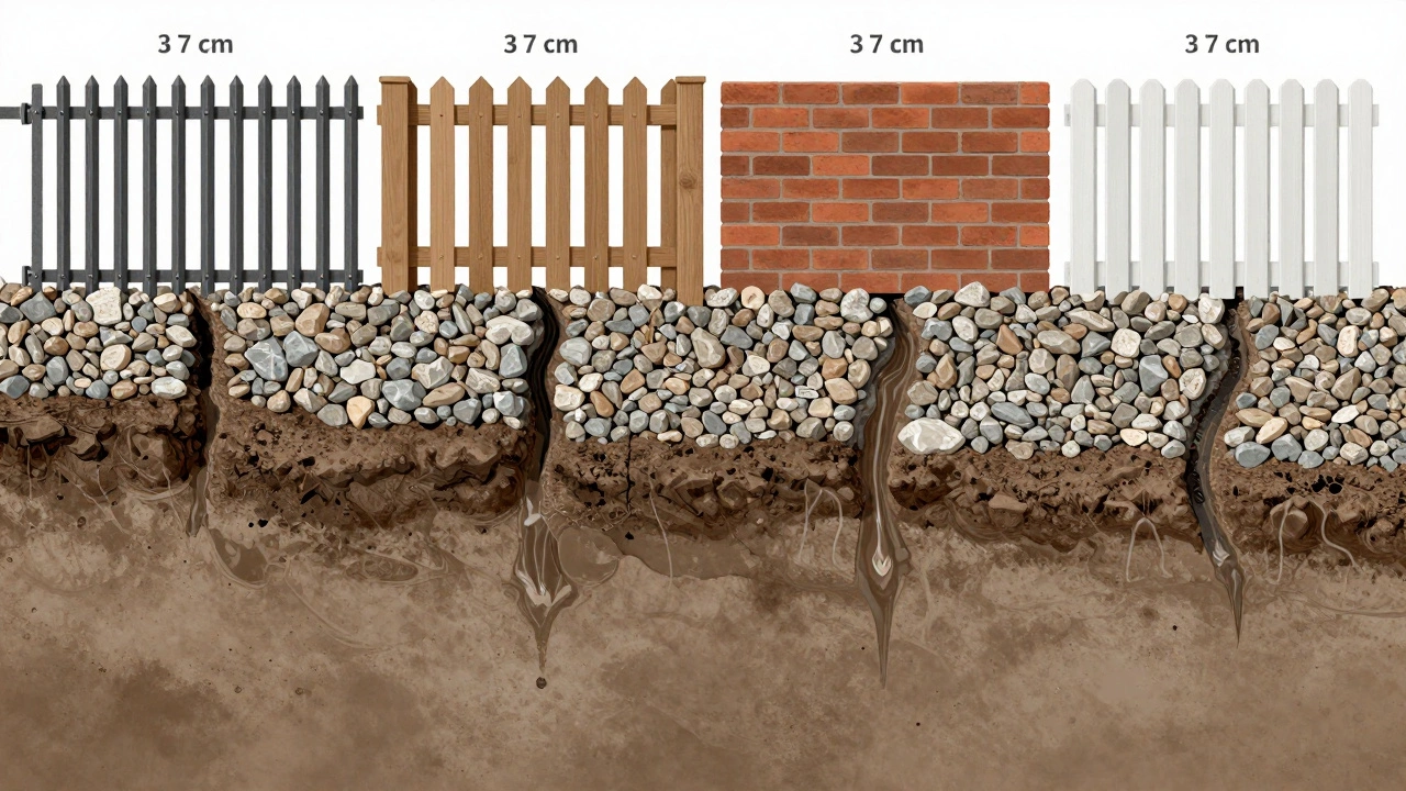 Схема четырёх типов заборов с правильным зазором и щебнем против неправильного контакта с землёй.