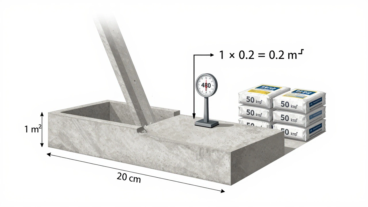 Схема поперечного сечения бетонного слоя толщиной 20 см с расчетом объема и массы.