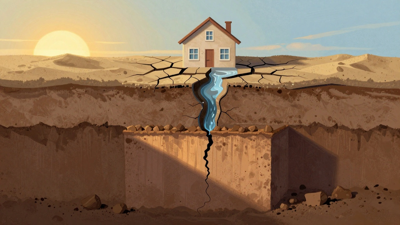 Сравнение неправильного и правильного фундамента: треснувший дом над пучинистым грунтом против прочного основания на стабильном слое.