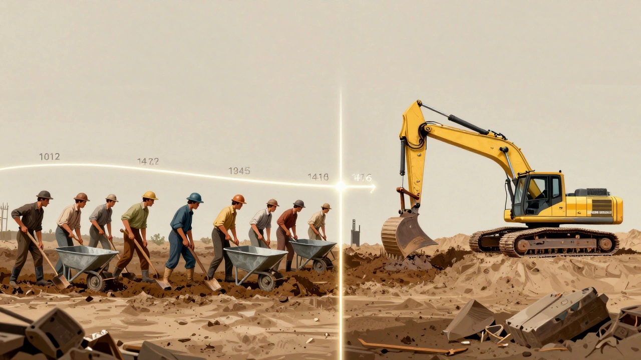 Сравнение ручного копания фундамента 1950-х годов и современной техники: один экскаватор вместо 15 рабочих.