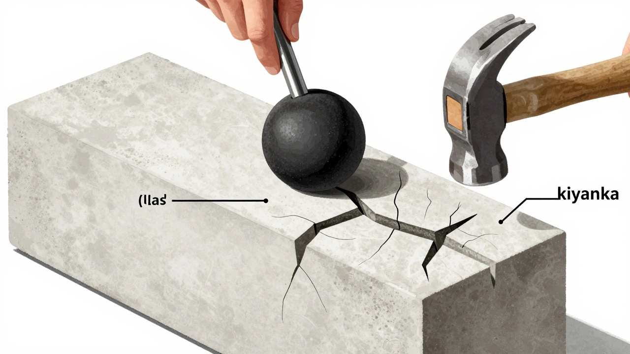 Сравнение ударов киянки и молотка: киянка равномерно распределяет удар, не повреждая блок.