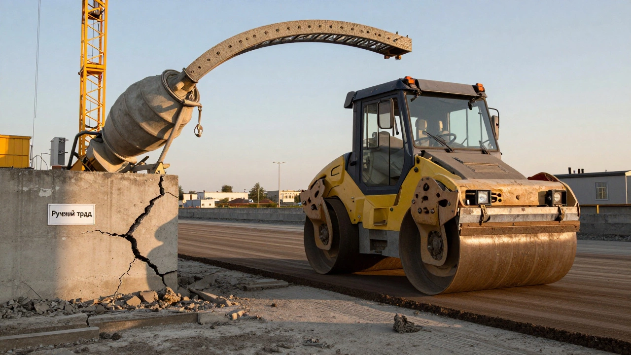 Трещина в фундаменте из-за ручного труда рядом с идеально уплотнённым основанием, уплотнённым катком.