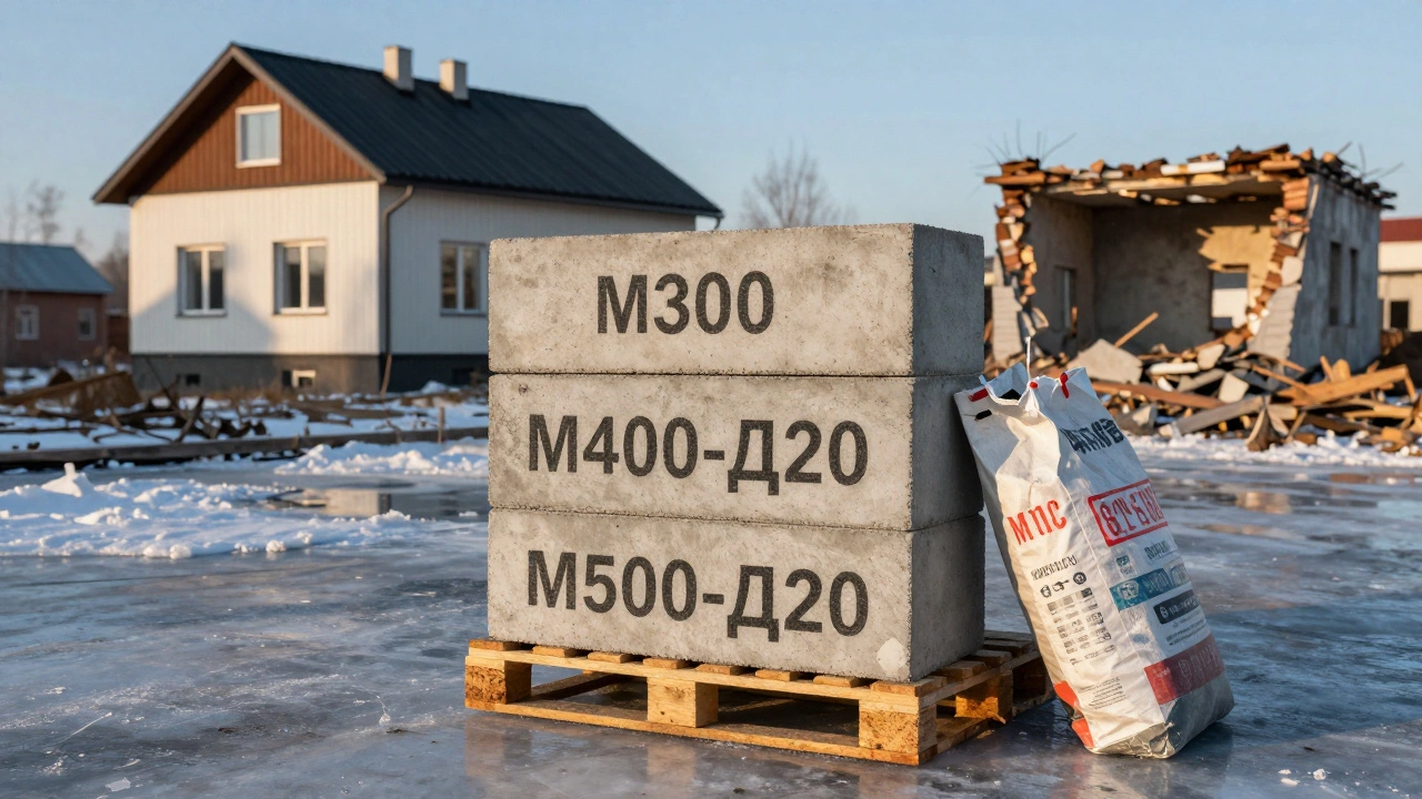 Три блока цемента: M300 разрушен, M400-Д20 и M500-Д20 целы, рядом — испорченный мешок с просрочкой.