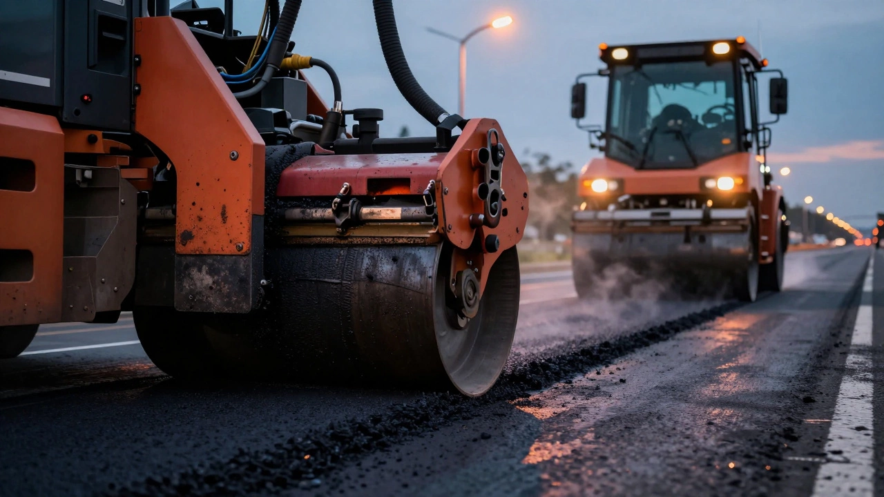 Укладка горячего асфальта с помощью спецтехники