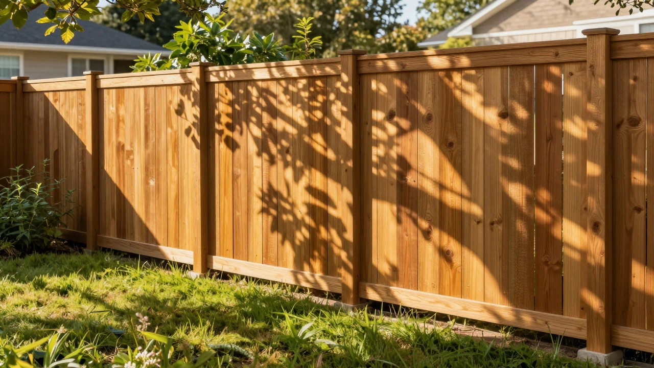 Завершенный деревянный забор в саду с мягкими тенями от прорезей